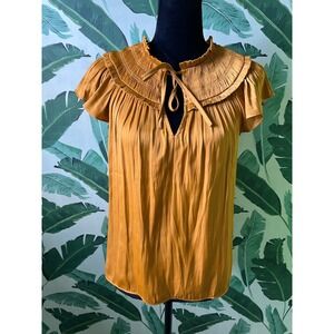 Ann Taylor Factory Smocked Flutter Sleeve Blouse Women XS Mustard Gold